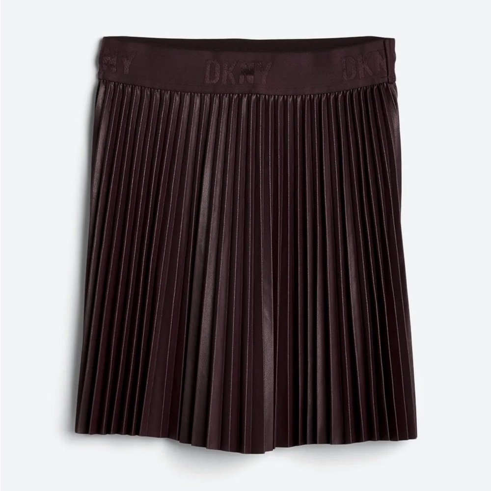 DKNY Faux Leather Pleated Mini Skirt with Logo Waistband - Picture 5 of 15